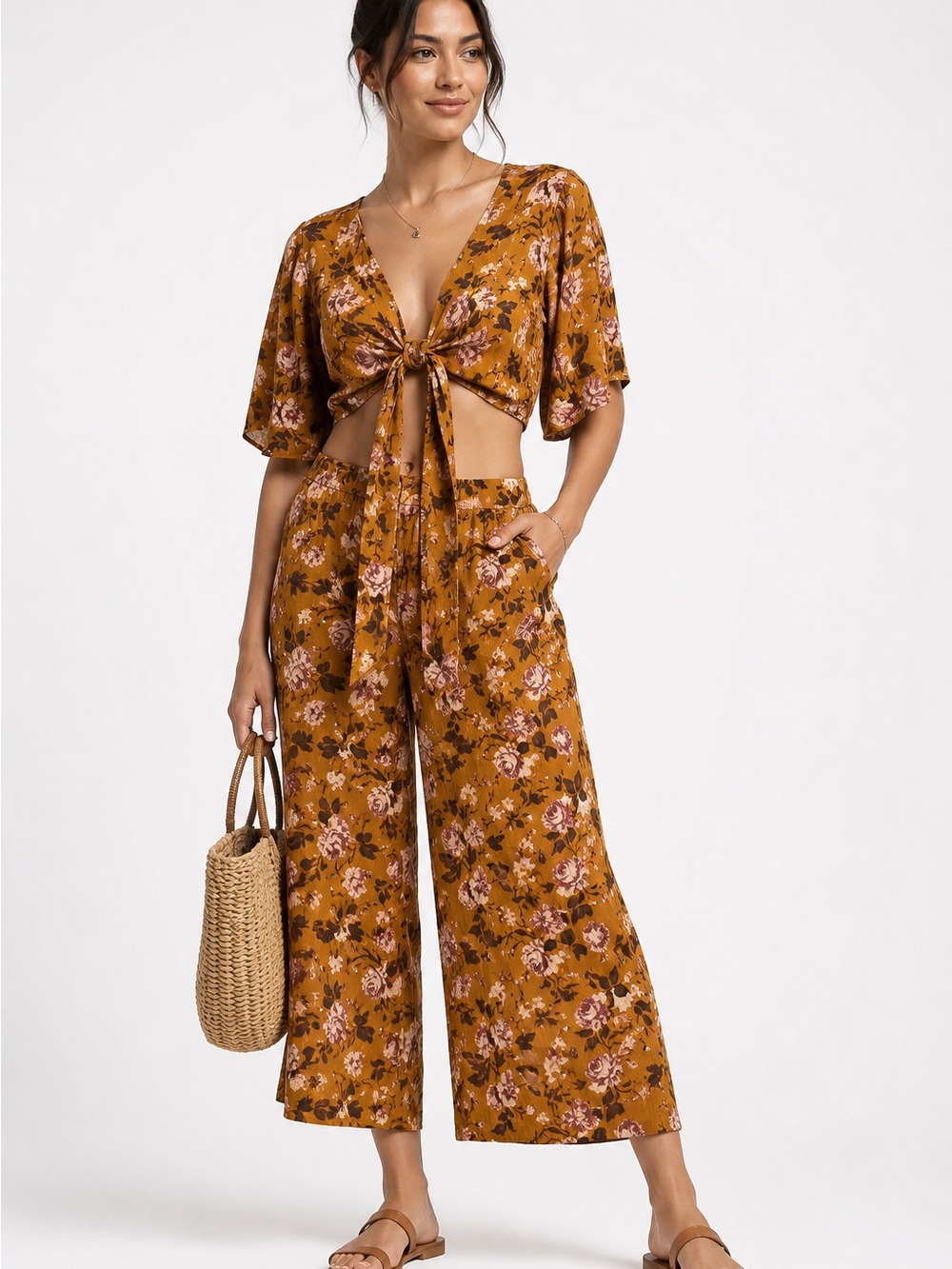 American Eagle Floral 2 Piece Tie Front Crop Top Wide Leg Pants Set Size S